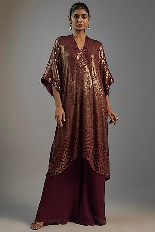 wine chiffon sequins embroidered kaftan set