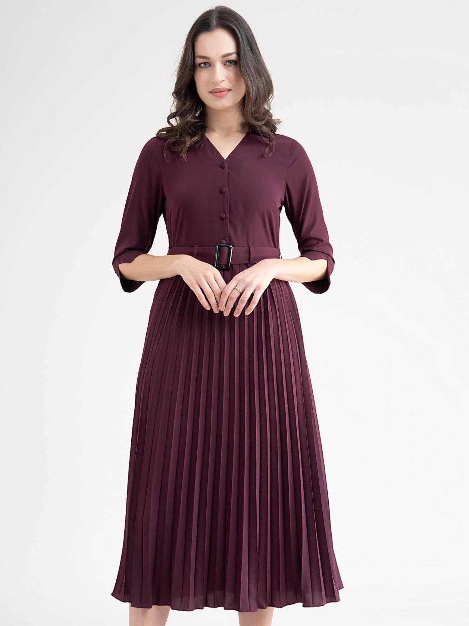 wine collared a-line pleated dress