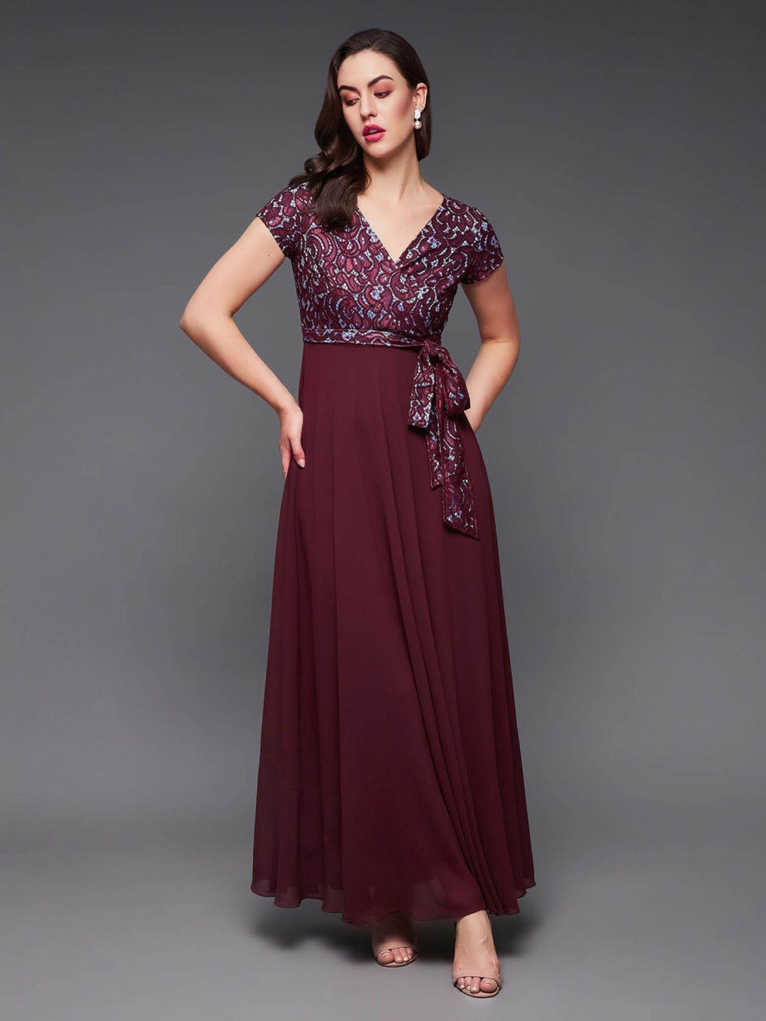 wine colored v-neck short sleeve self designed lace overlaid maxi georgette dress