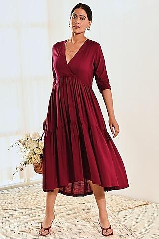 wine cotton asymmetric midi dress