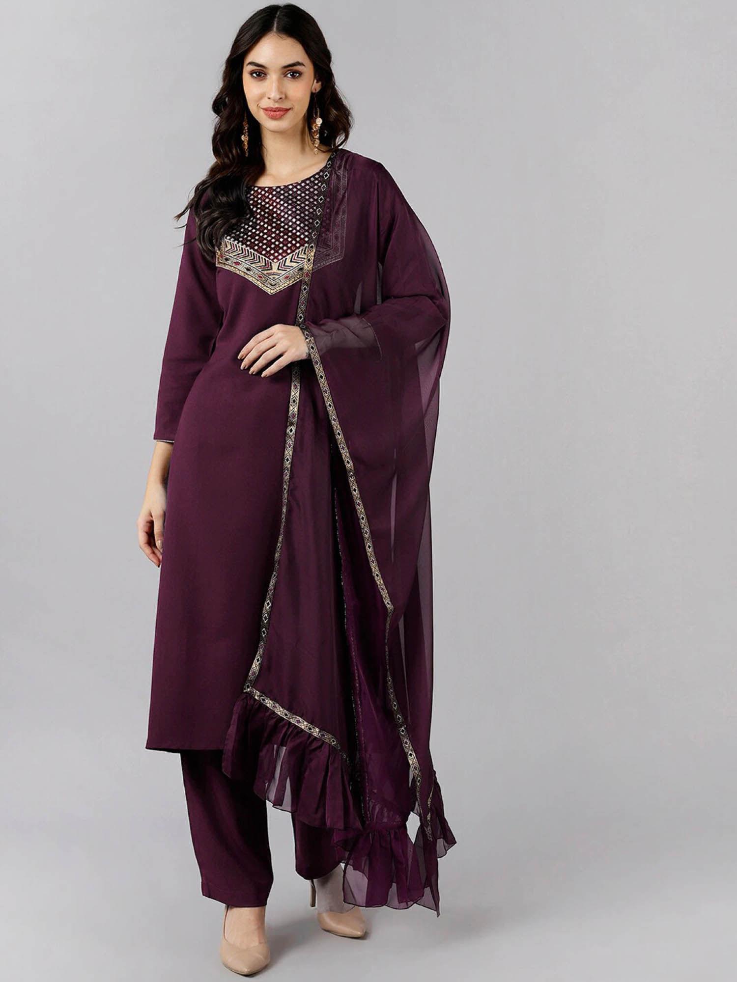 wine cotton blend ethnic motifs embroidered kurta pants with dupatta (set of 3)