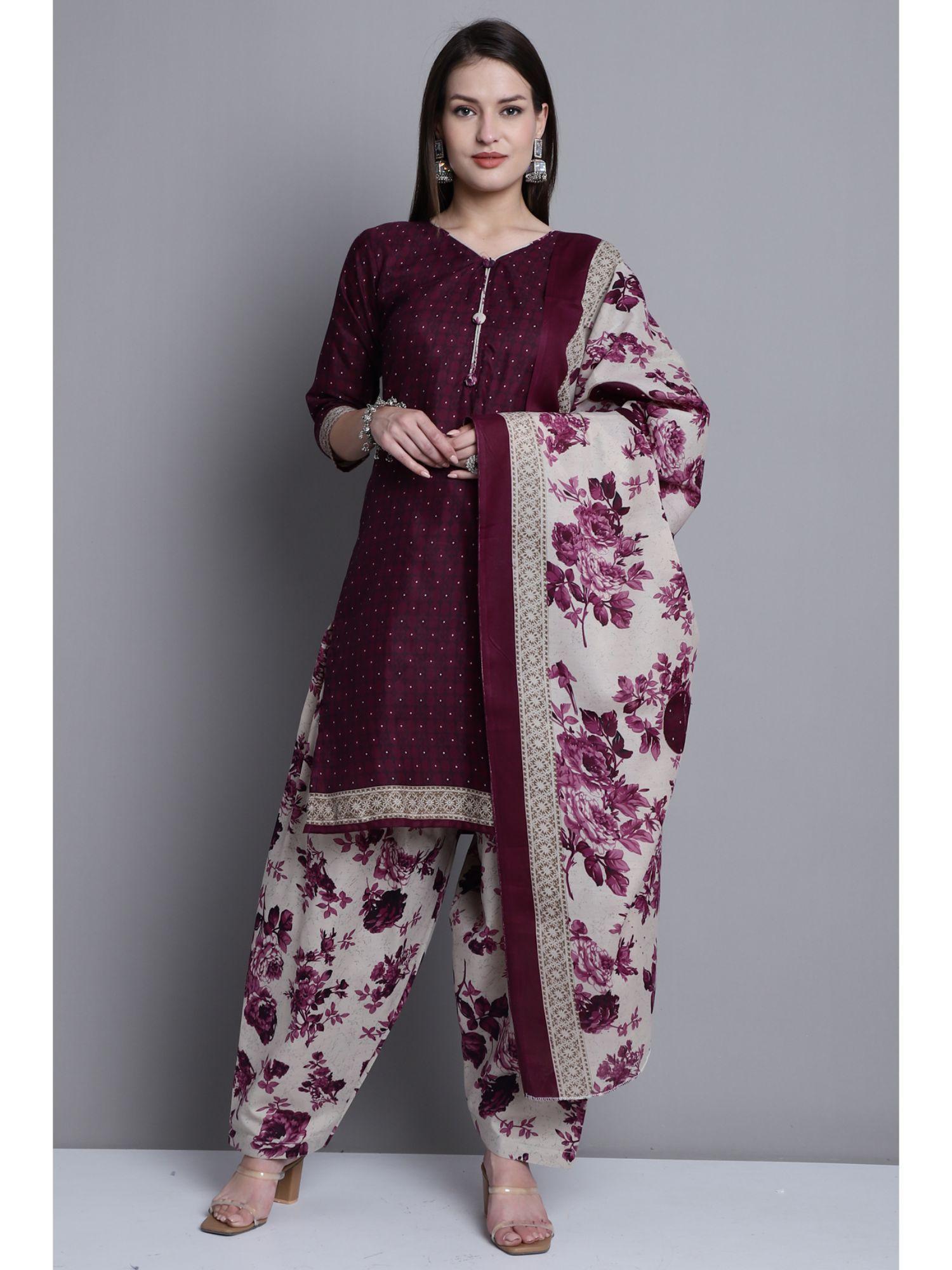 wine cotton blend printed kurta and salwar with dupatta (set of 3)