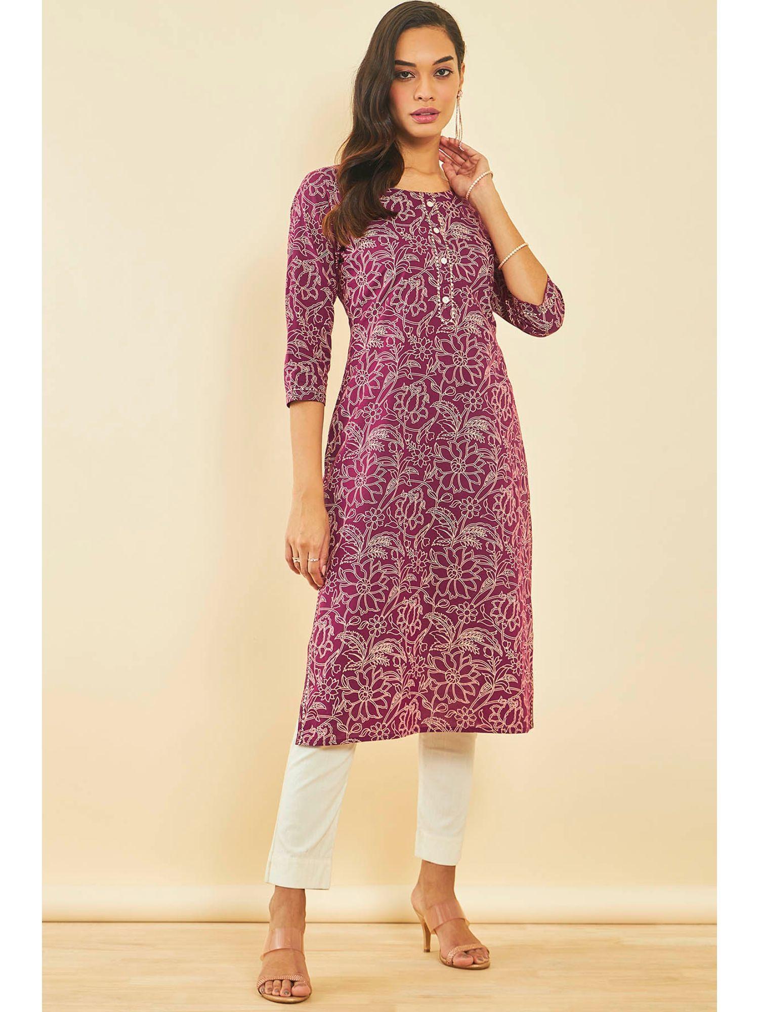 wine cotton floral print kurta