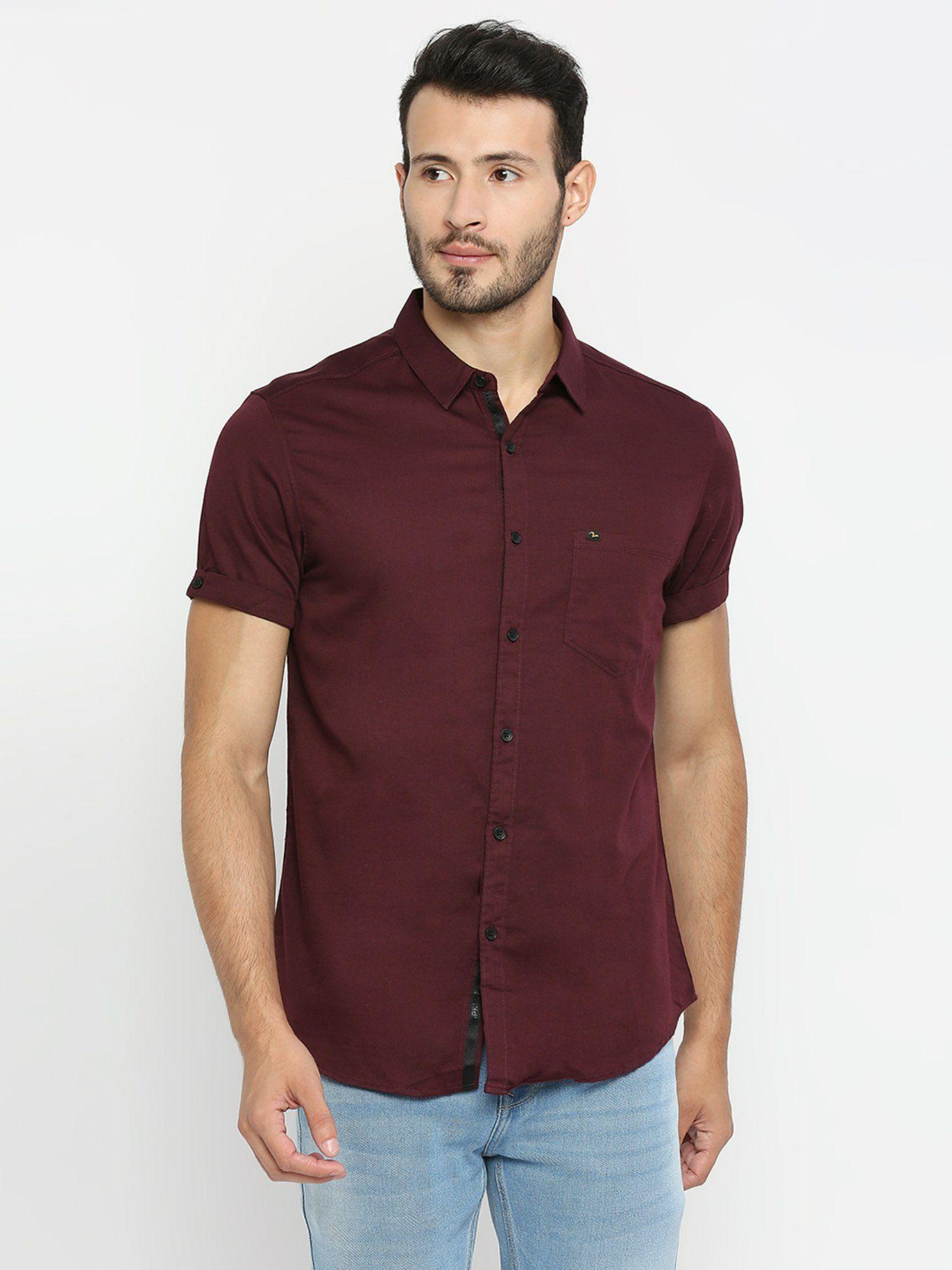 wine cotton half sleeve plain shirt for men