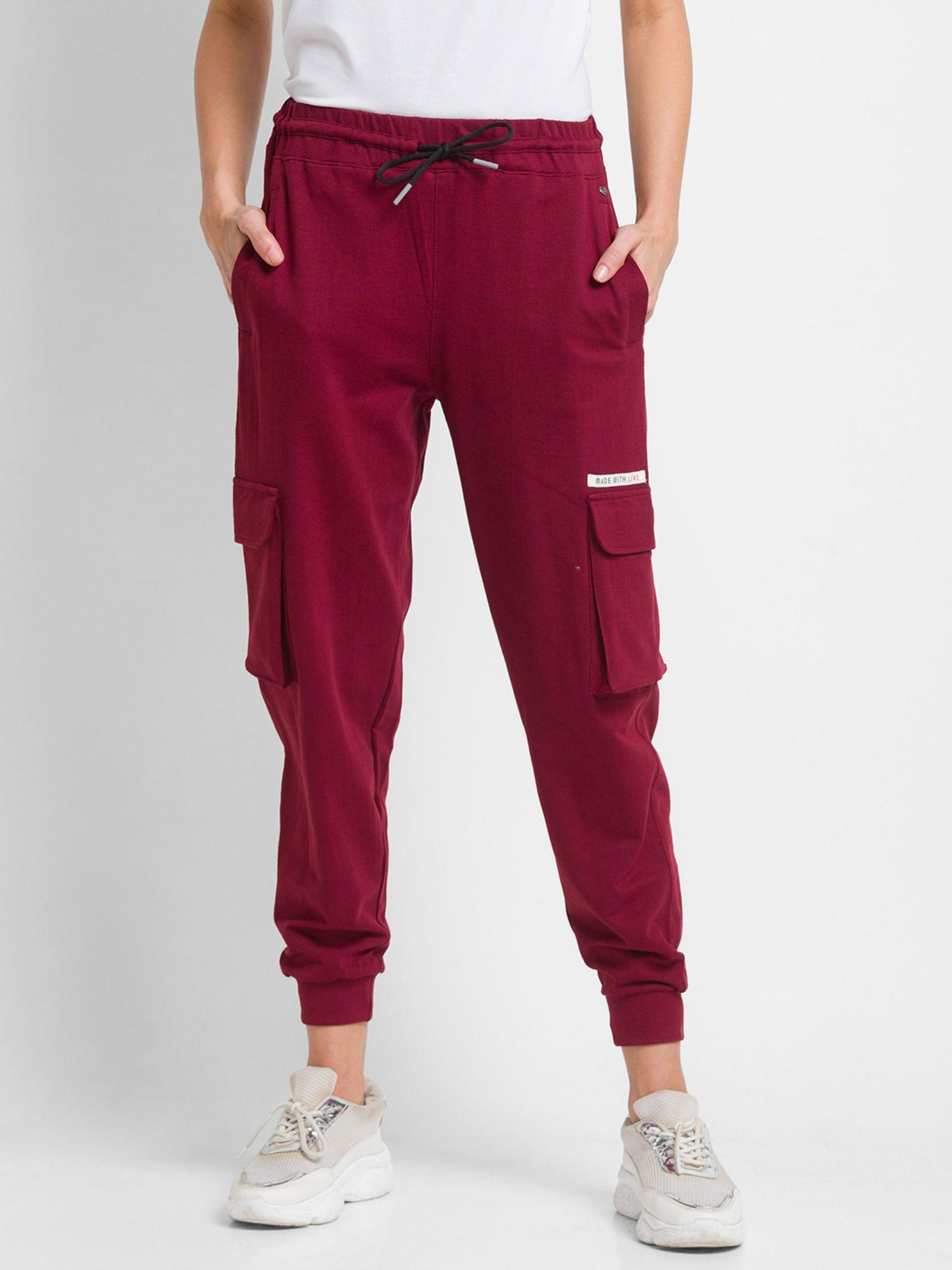 wine cotton regular fit trackpants for women