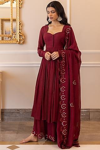 wine cotton silk anarkali set