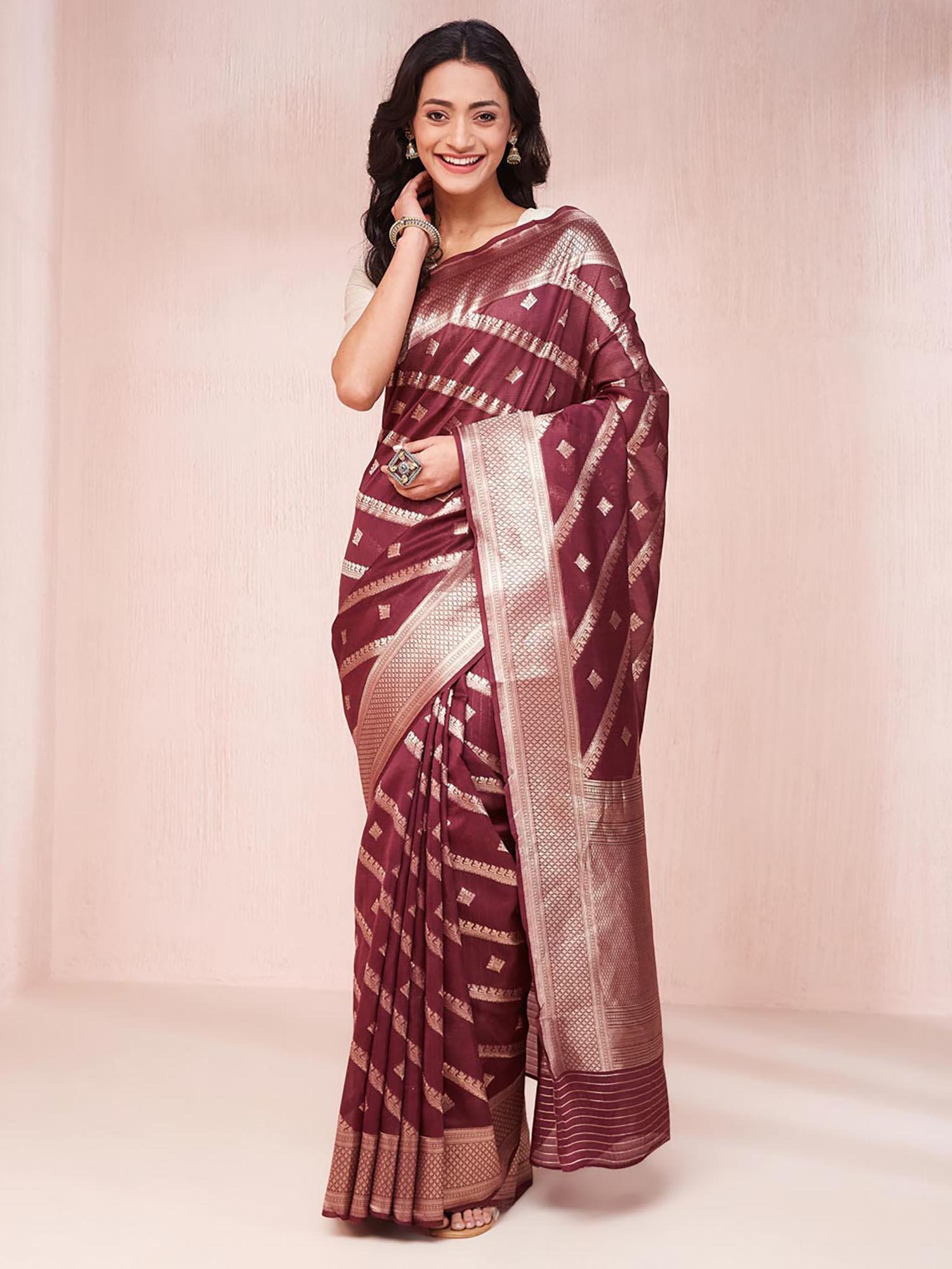 wine cotton silk blend banarsi saree without blouse