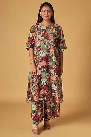 wine cotton silk floral printed & thread embroidered kurta set