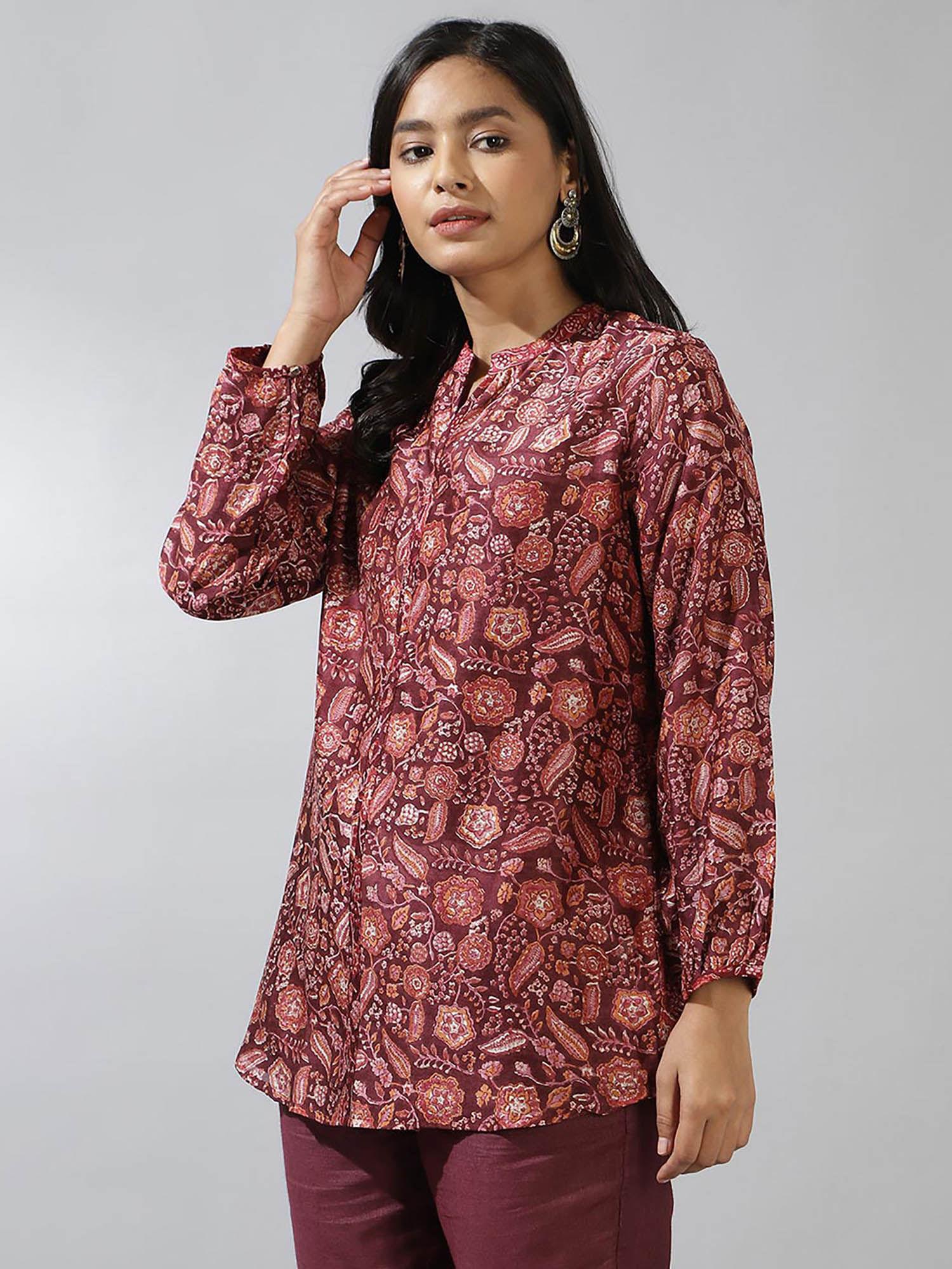 wine cotton silk hand block printed tunic