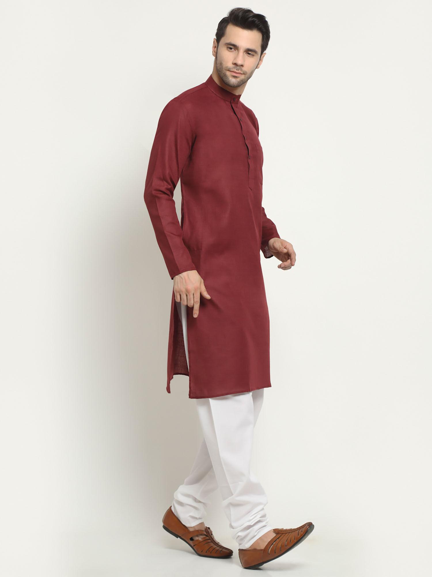 wine cotton solid long kurta pajama set for men
