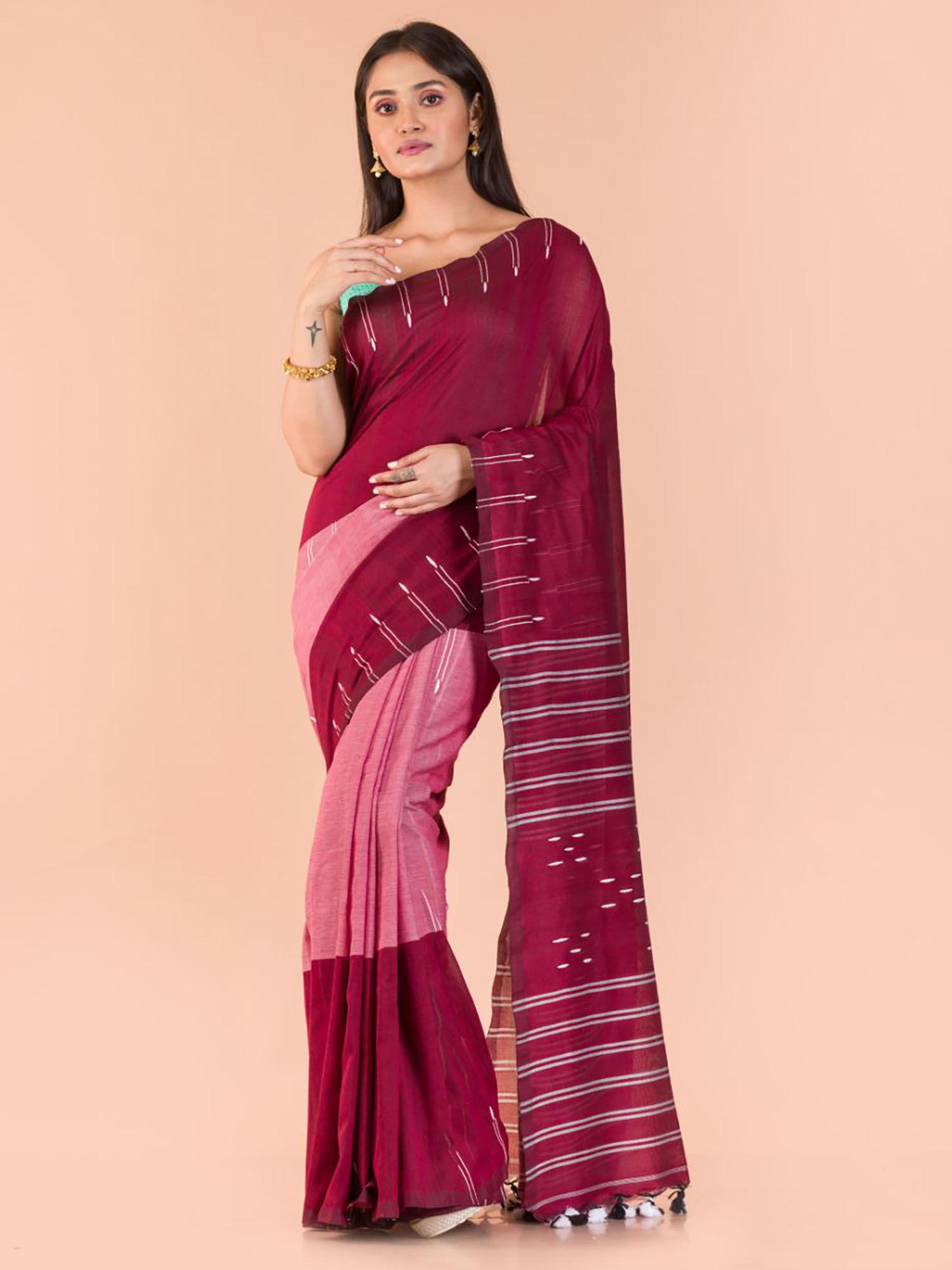 wine cotton stripes handloom saree with unstitched blouse