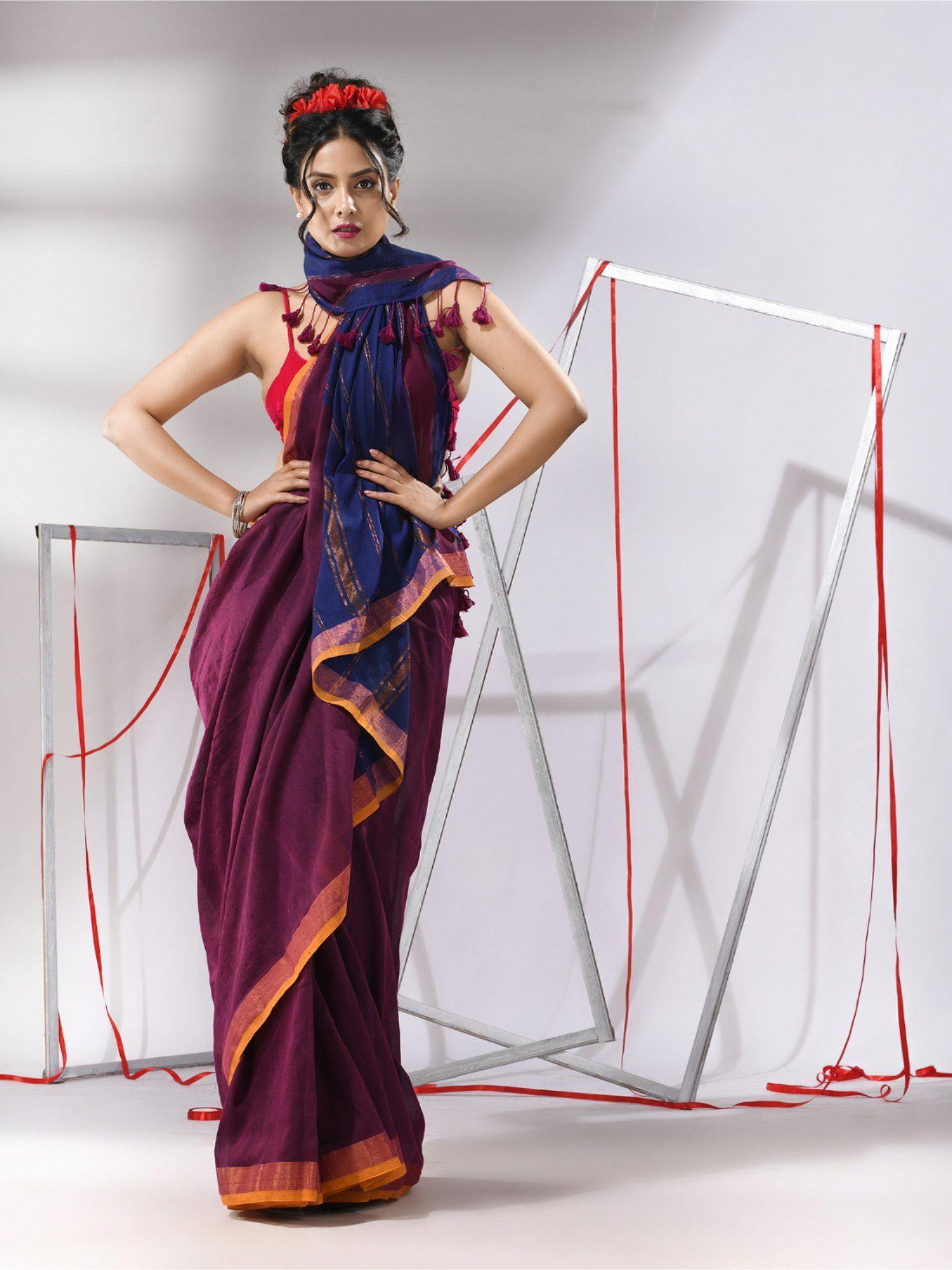 wine cotton stripes zari pallu saree with unstitched blouse