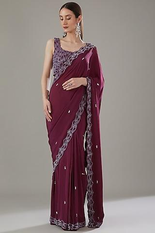 wine crepe embellished draped saree set