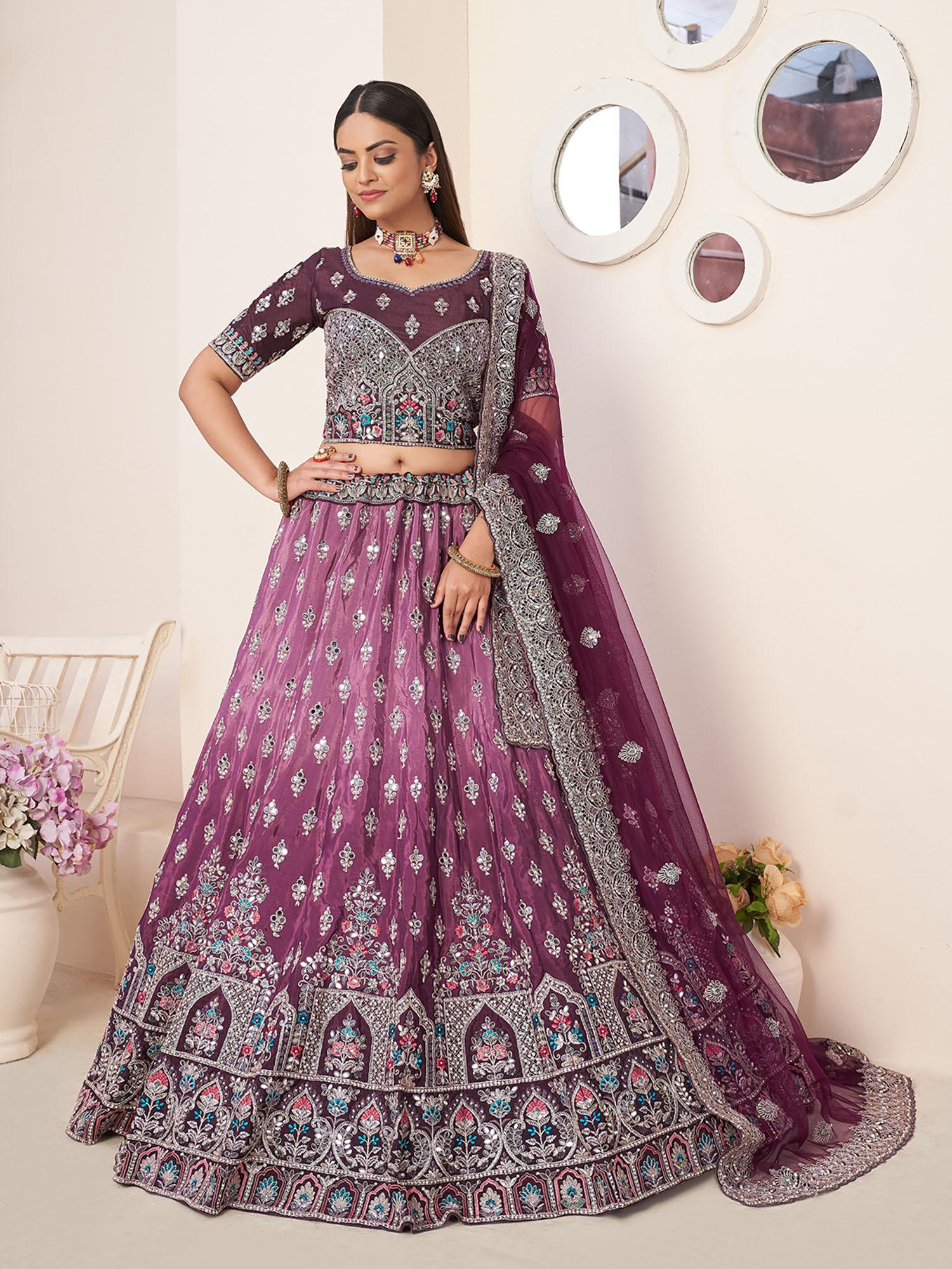 wine crepe embroidered semi stitched lehenga with unstitched blouse (set of 3)