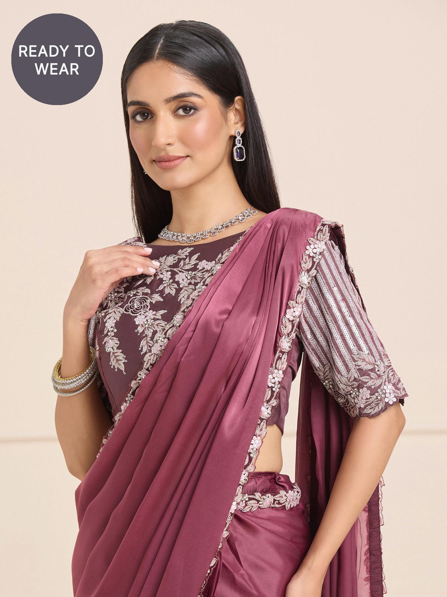 wine crepe pre stitched sequined embroidered saree & semi-stitched blouse