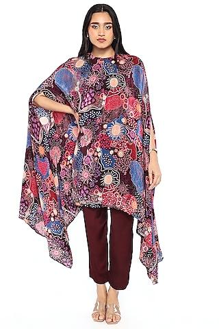 wine crepe printed & sequin embroidered tunic set