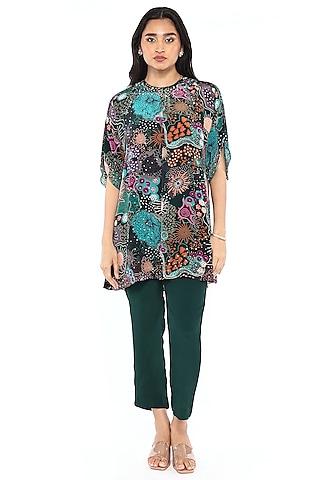 wine crepe printed & sequin embroidered tunic set