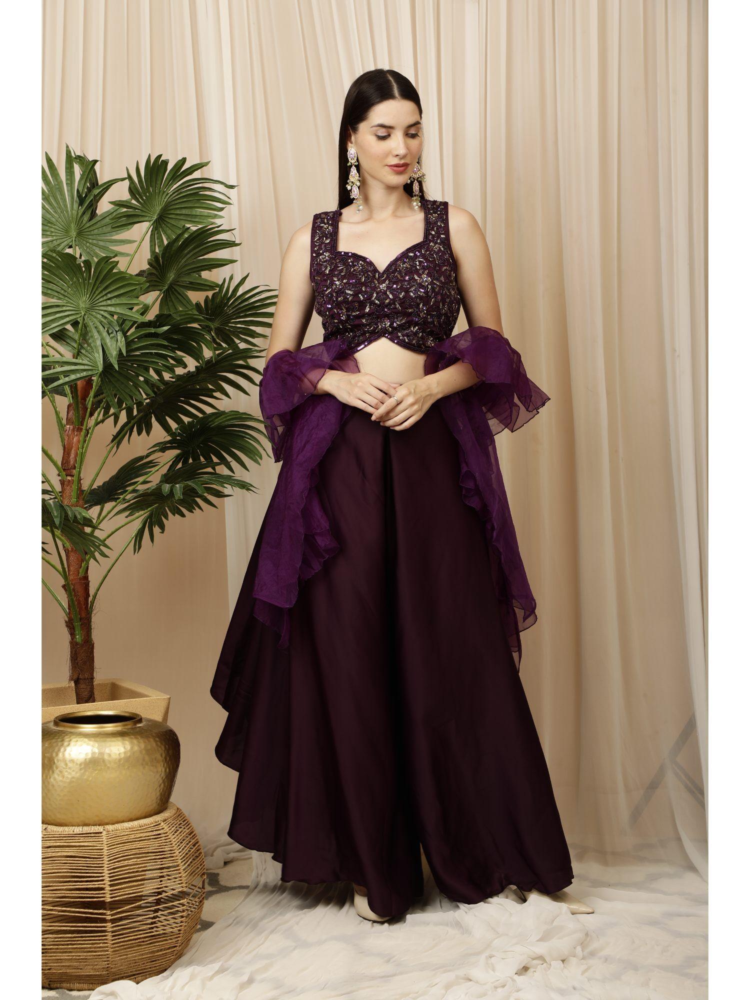 wine crop top with high low palazzo and ruffle dupatta (set of 3)