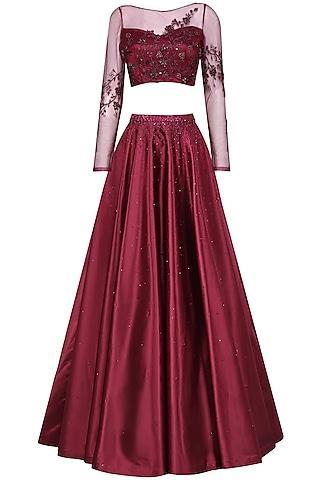 wine crystal and bead embellished crop top and skirt set