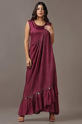 wine diamond chiffon gown with draped cape