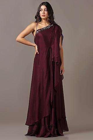 wine diamond chiffon one-shoulder draped gown