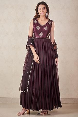 wine dupion silk & georgette hand embellished anarkali set