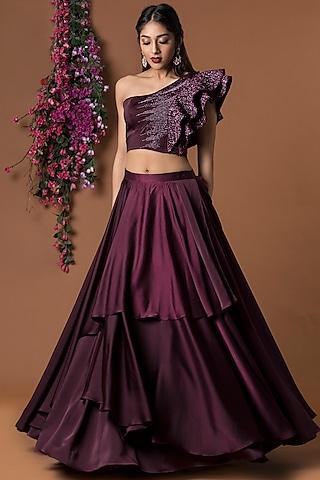 wine embellished crop top with layered skirt