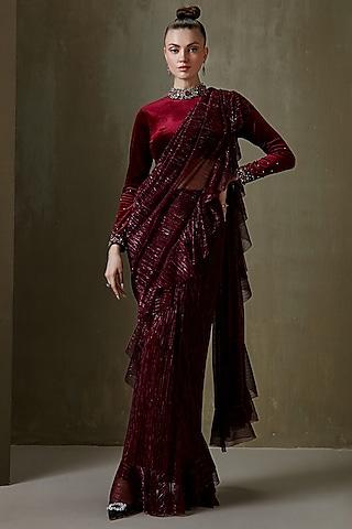 wine embellished draped saree set