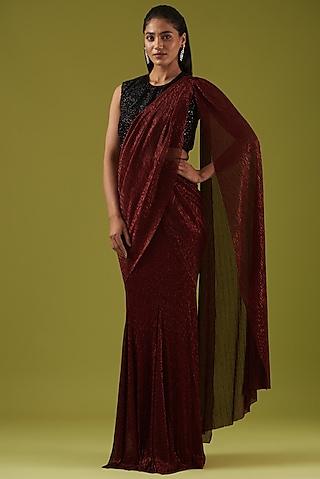 wine embellished draped saree set