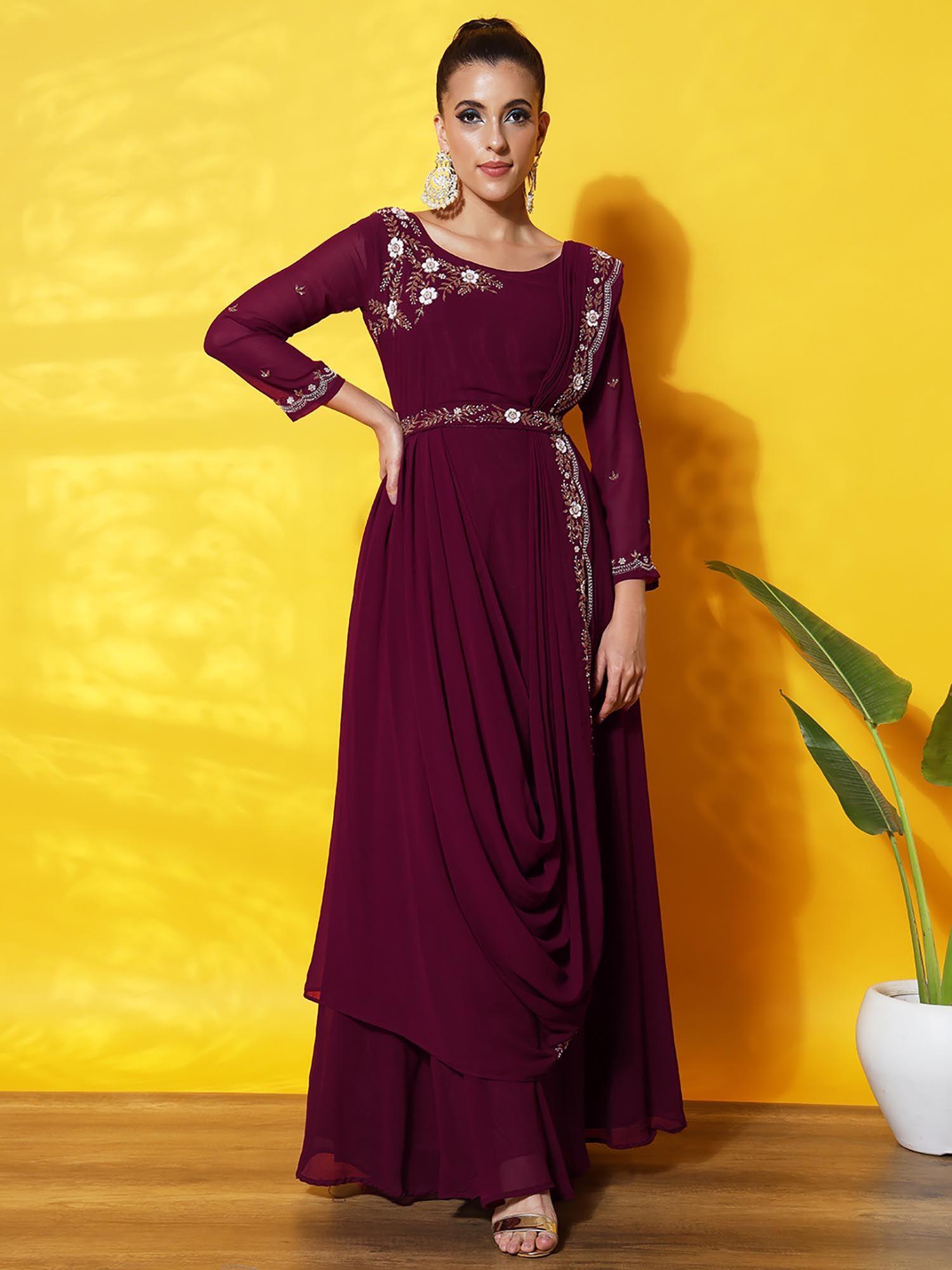 wine embellished dress with attached pre-draped dupatta & belt (set of 2)