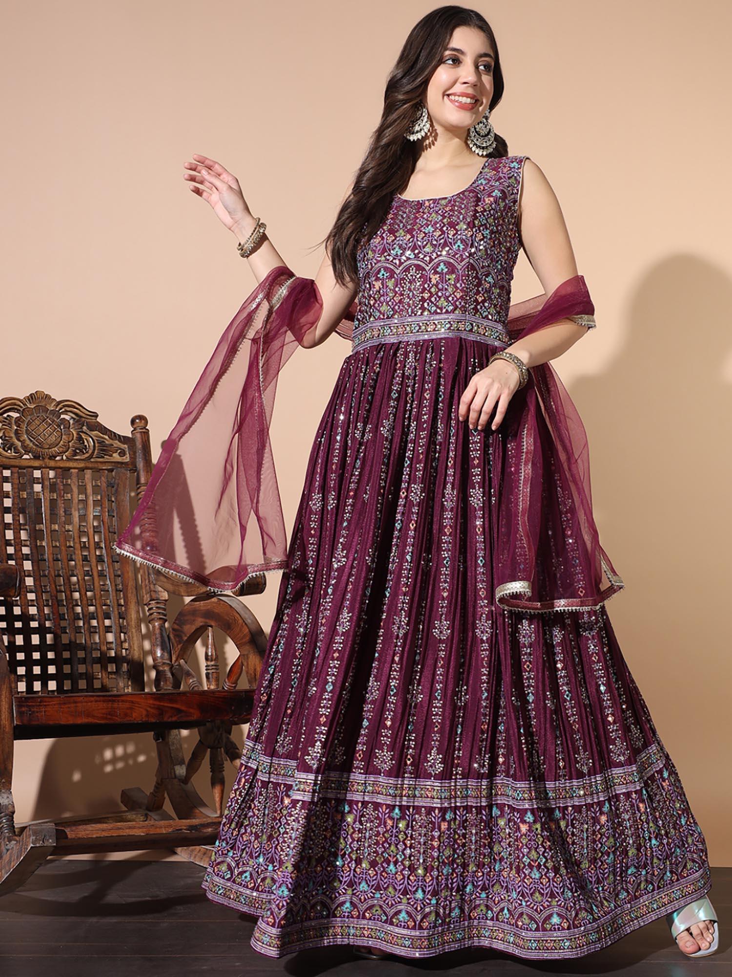 wine embellished dress with dupatta (set of 2)