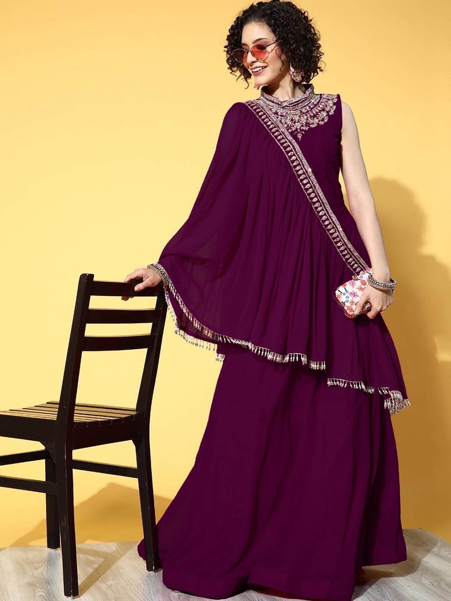 wine embellished dress with pre-draped dupatta (set of 2)