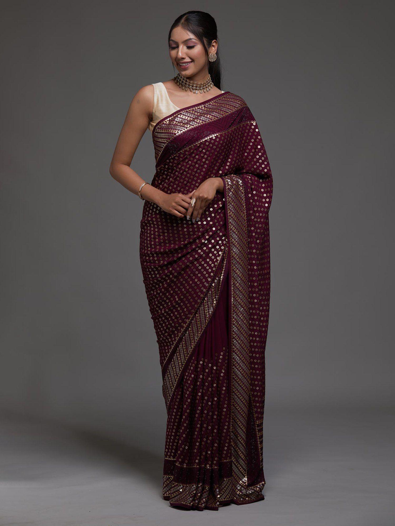wine embellished georgette saree with unstitched blouse
