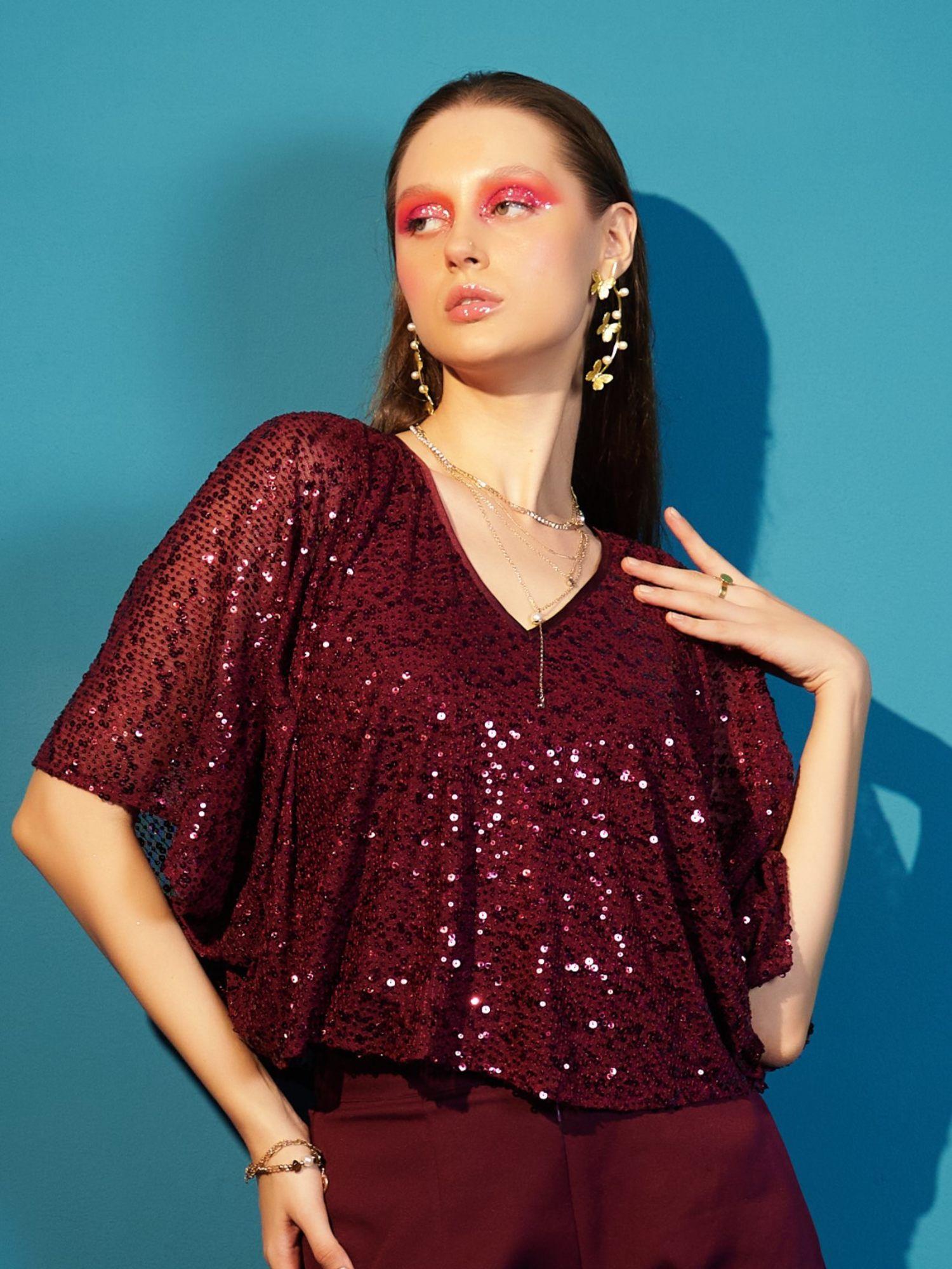 wine embellished sequin top