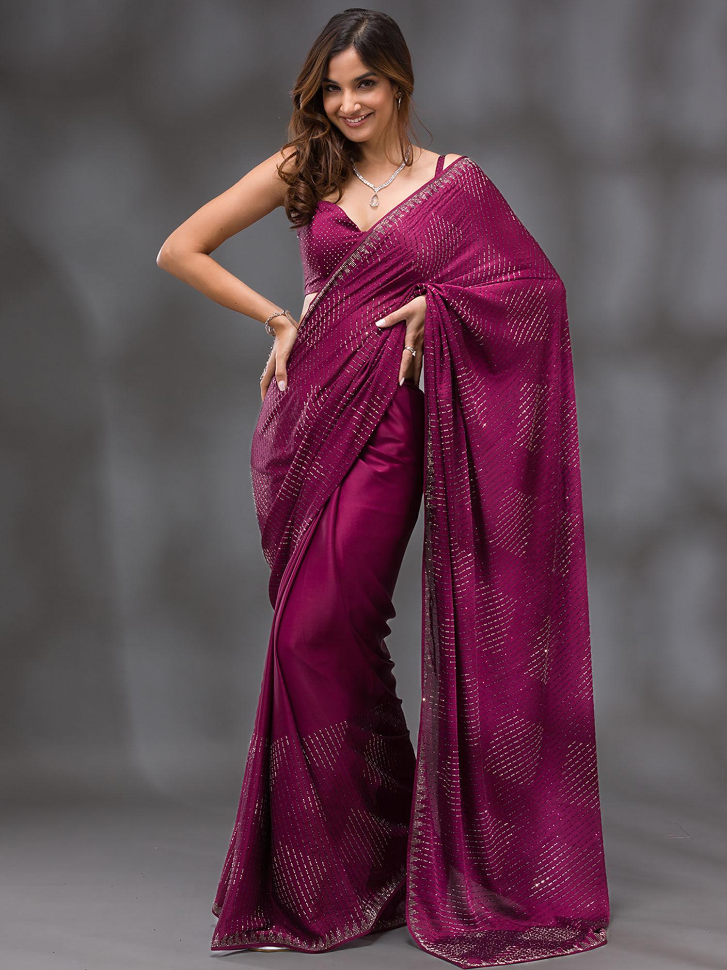 wine embellished swarovski stone crepe saree with unstitched blouse