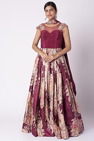 wine embroidered & printed anarkali with dupatta