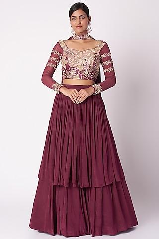 wine embroidered & printed skirt set