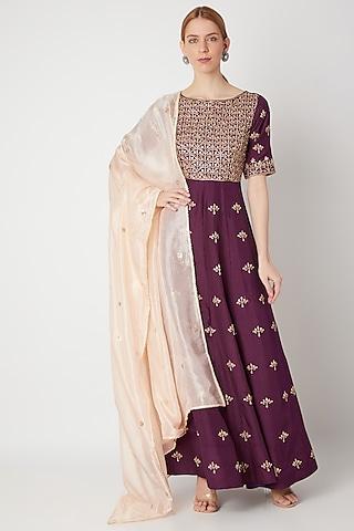 wine embroidered anarkali gown with dupatta