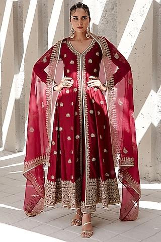 wine embroidered anarkali set