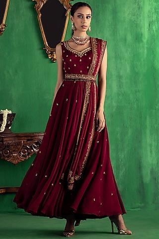 wine embroidered anarkali set