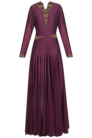 wine embroidered anarkali set