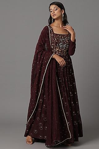 wine embroidered anarkali set