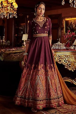 wine embroidered anarkali set