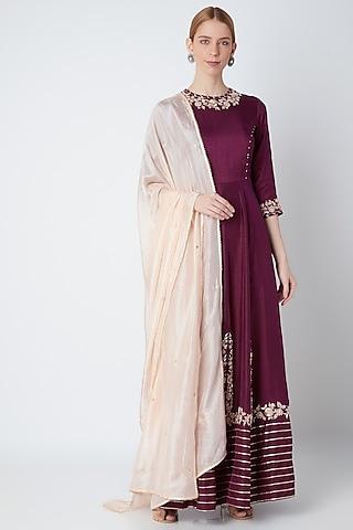 wine embroidered anarkali with dupatta