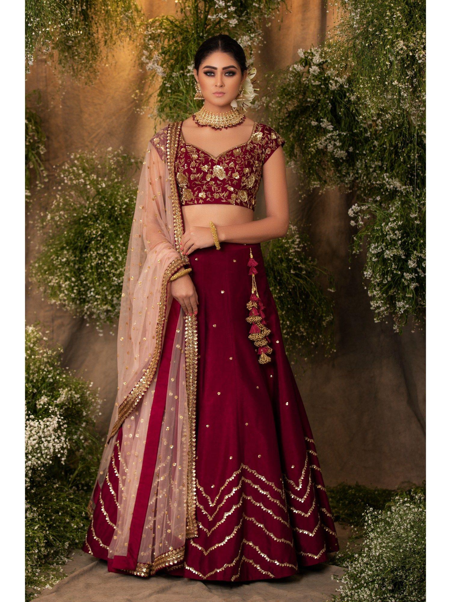 wine embroidered and embellished lehenga with choli and dupatta (set of 3)