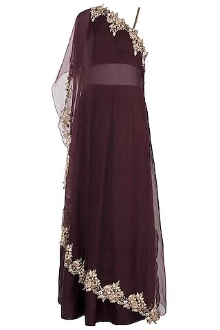 wine embroidered cape with crop top and skirt
