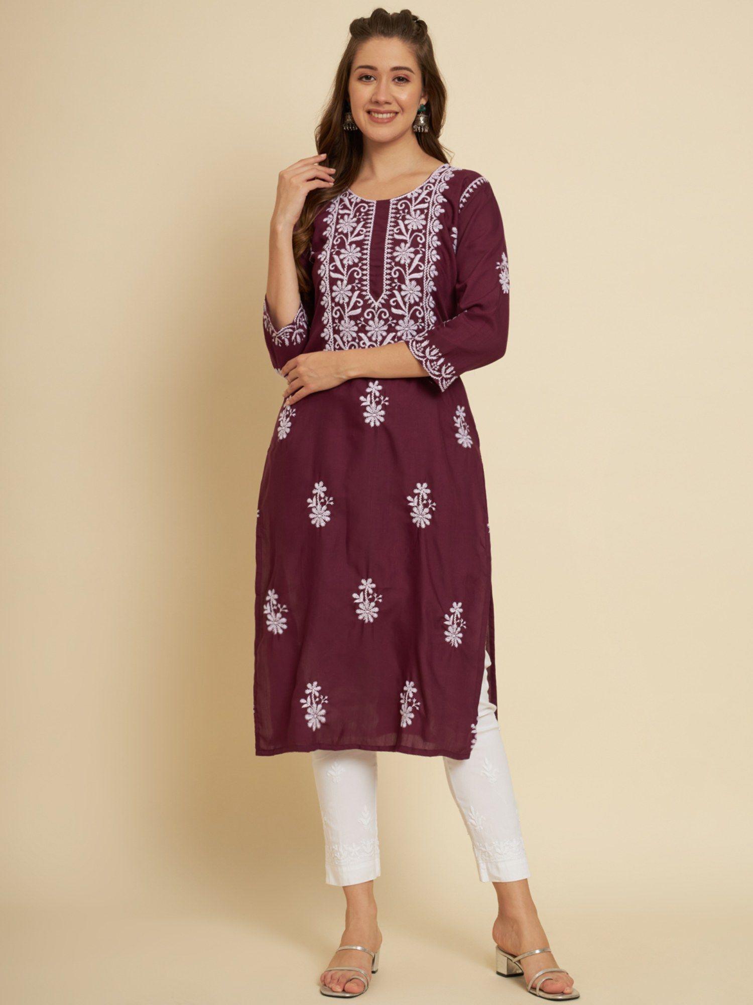 wine embroidered cotton chikankari straight kurta