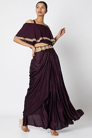 wine embroidered crop top with draped skirt