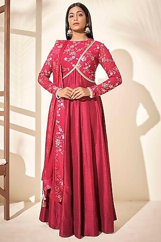 wine embroidered flared anarkali set