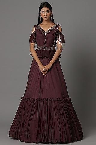 wine embroidered gown set